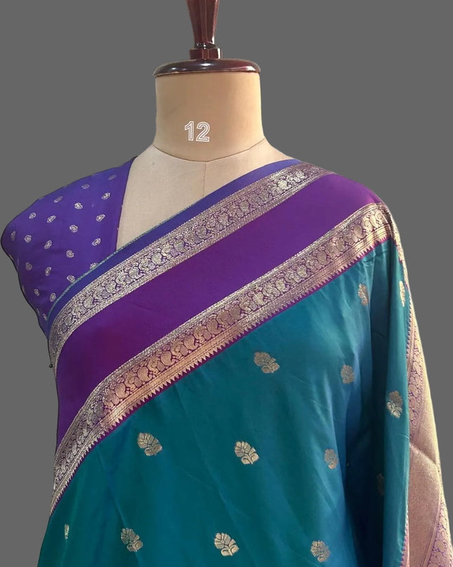 peacock green n purple small butta kanchi silk saree