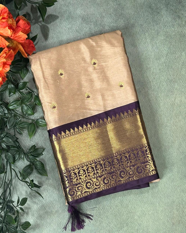 Beige n dark purple small Butta Kanchi-12 saree