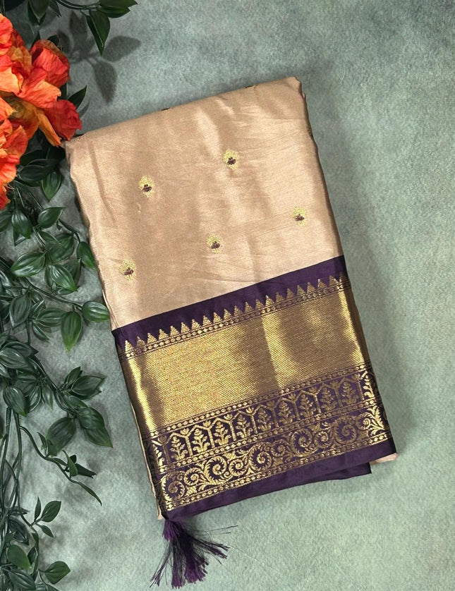 Beige n dark purple small Butta Kanchi-12 saree