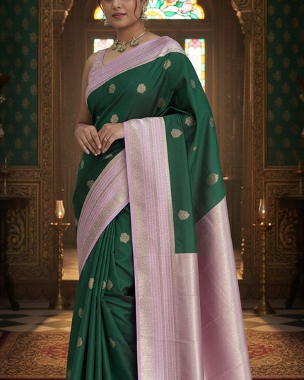 Bottle green n pink soft silk - 102
