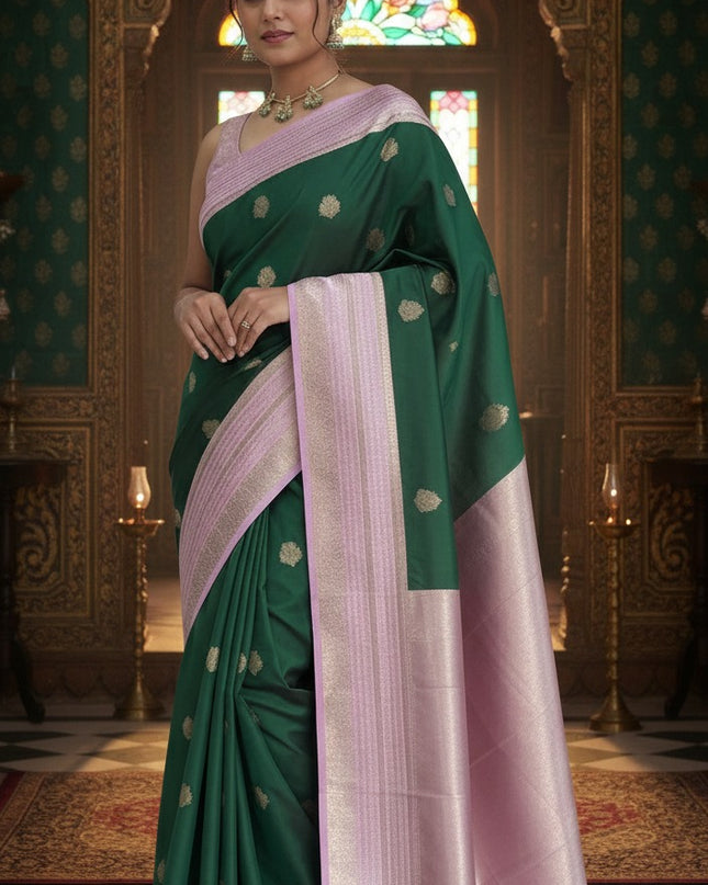 Bottle green n pink soft silk - 102
