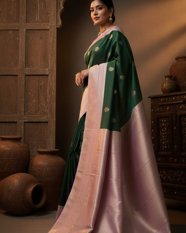 Bottle green n pink soft silk - 102
