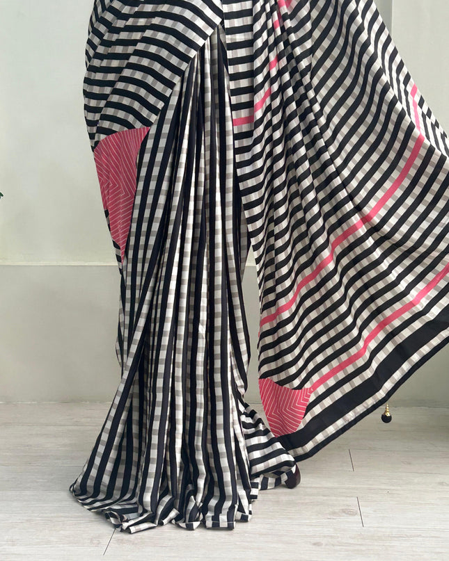 Pink Noir stripes satin crepe 101 saree