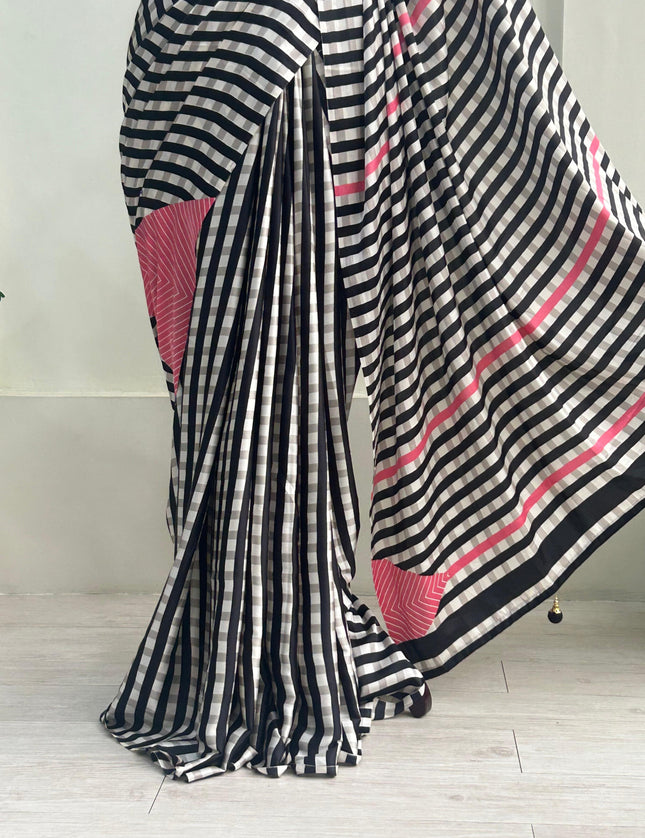 Pink Noir stripes satin crepe 101 saree