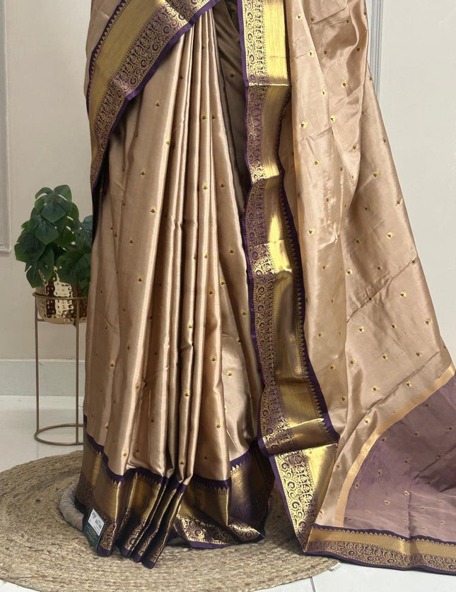 Beige n dark purple small Butta Kanchi-12 saree