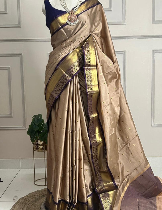 Beige n dark purple small Butta Kanchi-12 saree