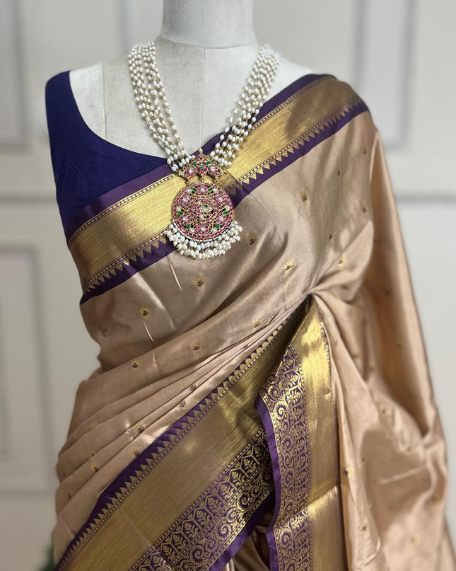 Beige n dark purple small Butta Kanchi-12 saree