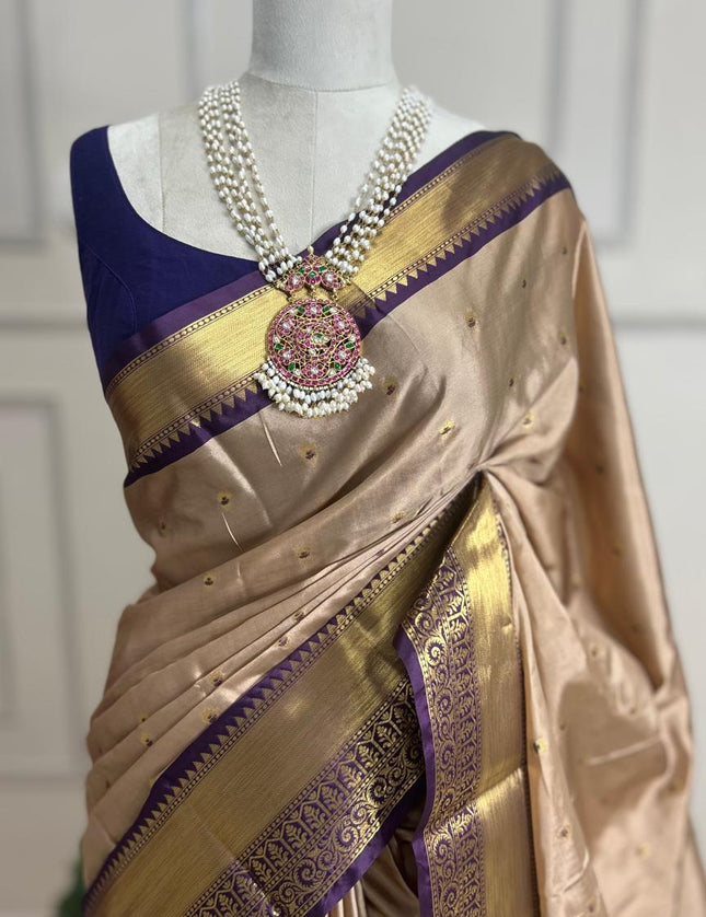 Beige n dark purple small Butta Kanchi-12 saree
