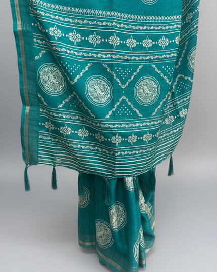 Teal Green Traditional Design Semi Tussar 106 Saree