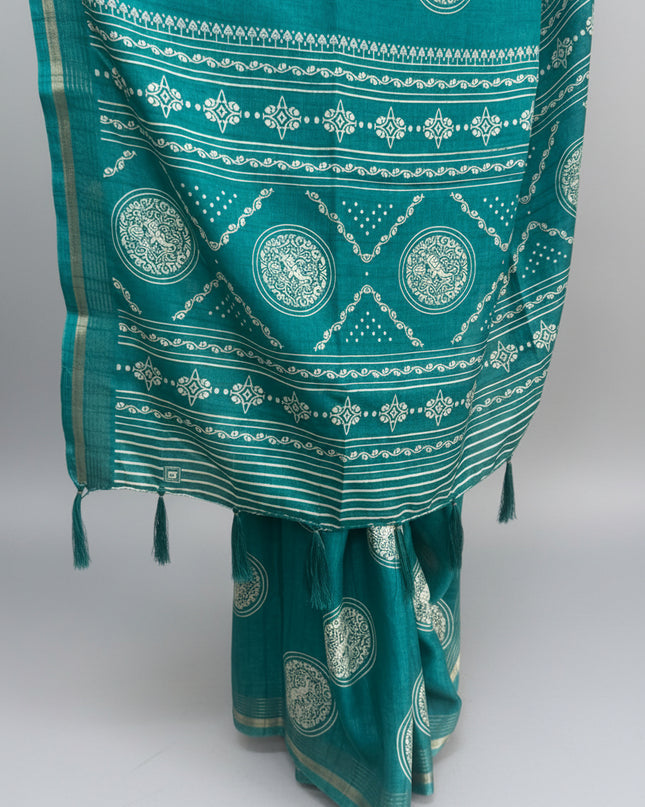Teal Green Traditional Design Semi Tussar 106 Saree