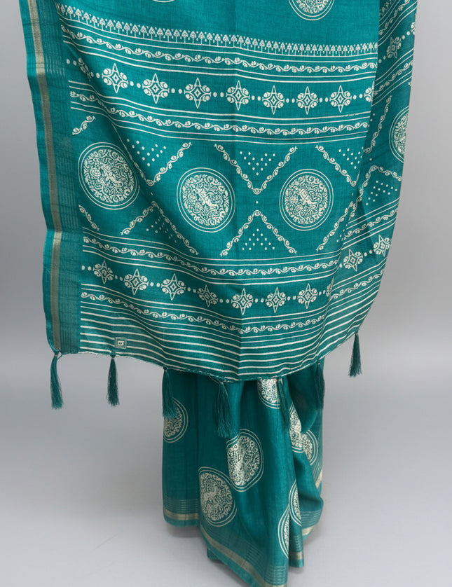 Teal Green Traditional Design Semi Tussar 106 Saree