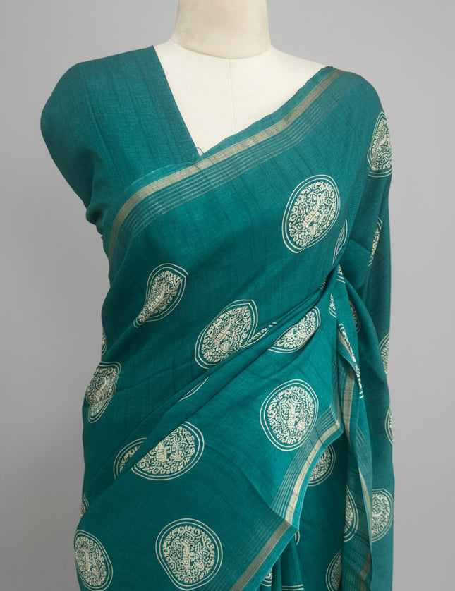 Teal Green Traditional Design Semi Tussar 106 Saree