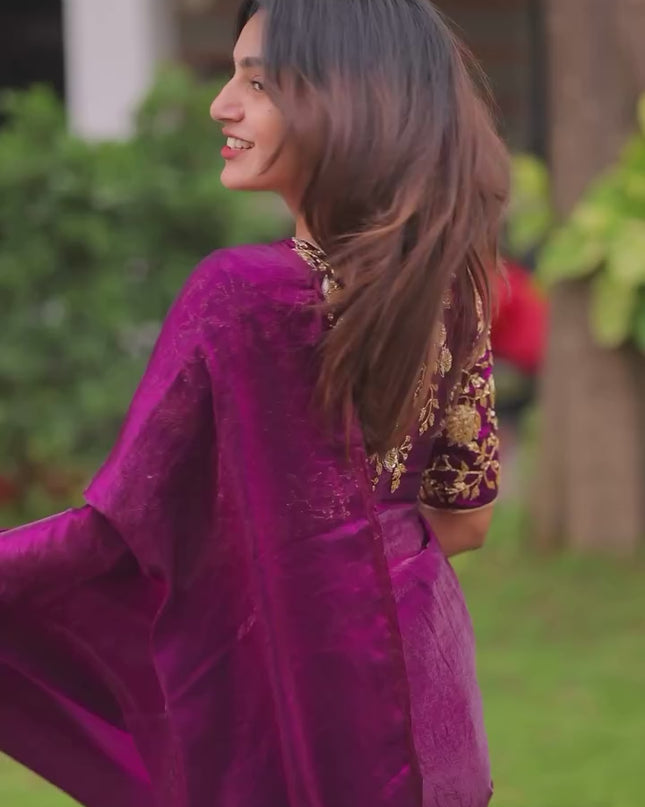 Shiny purple party wear with heavy work blouse saree