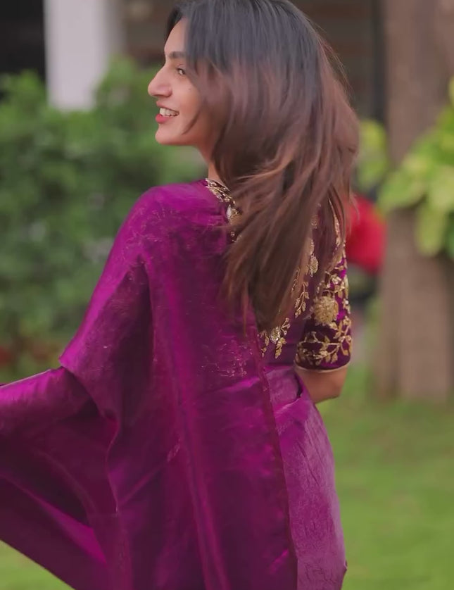Shiny purple party wear with heavy work blouse saree