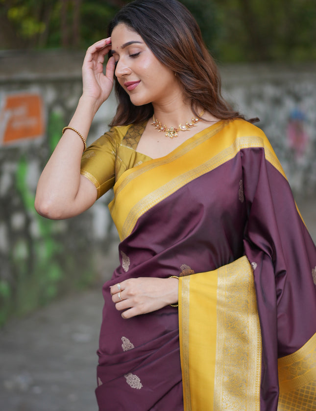 Rabiya Brown yellow soft silk saree