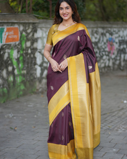 Rabiya Brown yellow soft silk saree