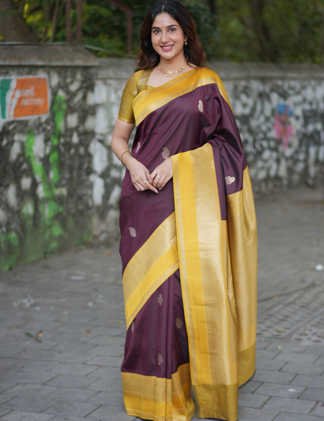 Rabiya Brown yellow soft silk saree